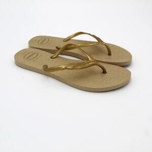 Havaianas Flip Flops Womens Size 11 Gold Glitter Beach Summer Casual Sandals